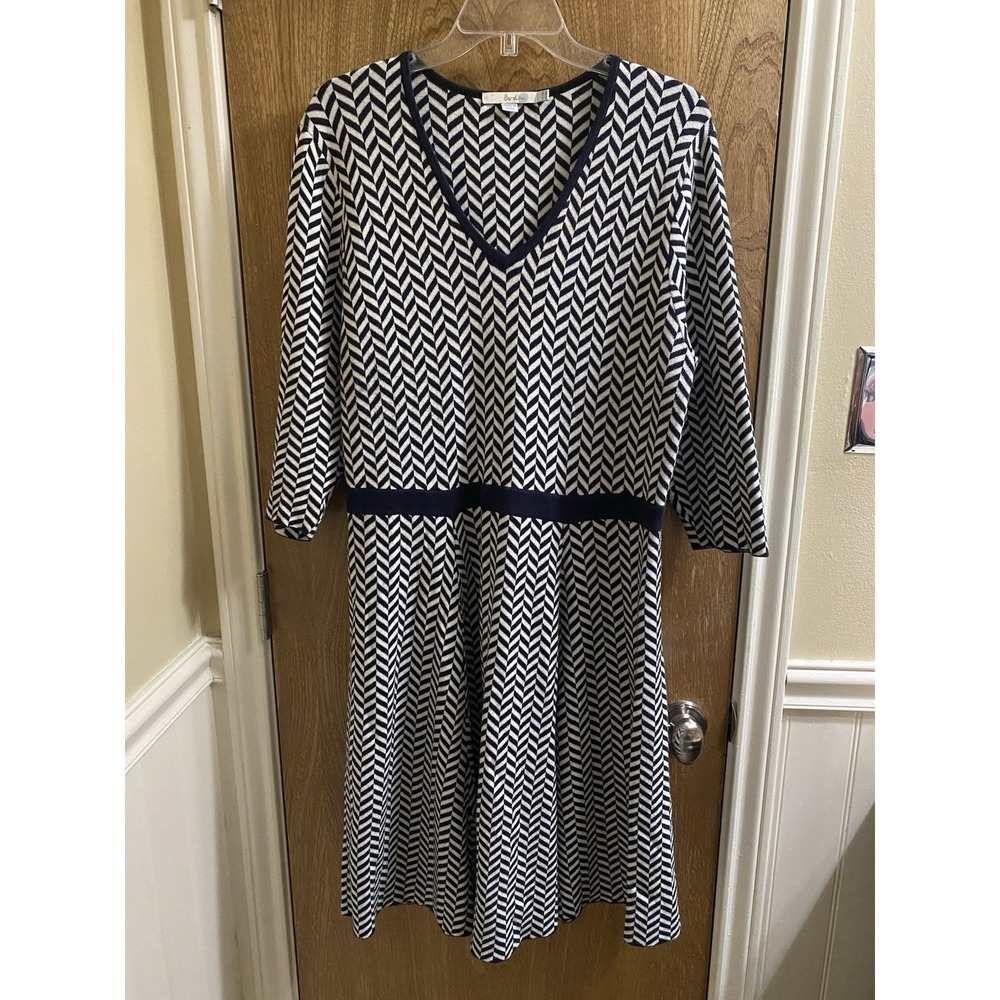 Boden Women's Chevron Dress Navy White 3/4 Sleeve Stretch Knit A Line Sz 16R